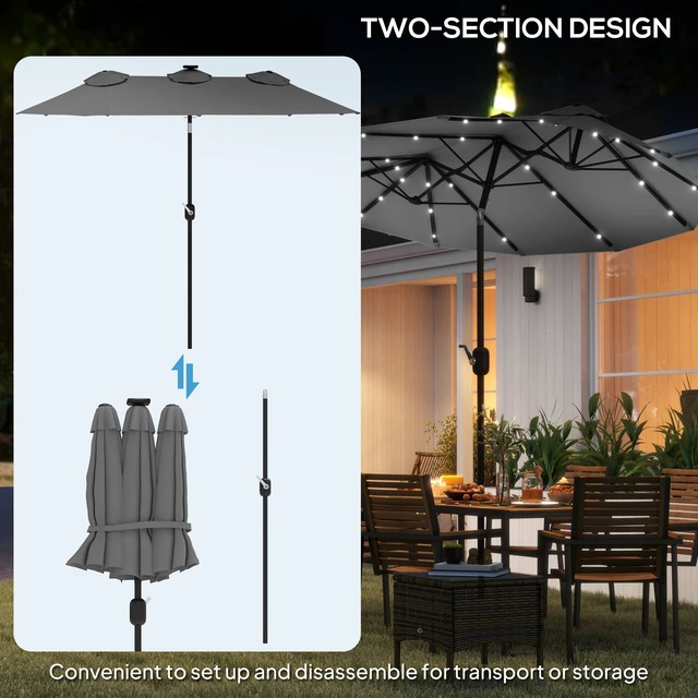 Alt view image 3 of 7 - Double Sided Patio Umbrella, Large Outdoor Market Umbrella with LED Solar Tilt and Crank Air Vents and Ribs for Garden