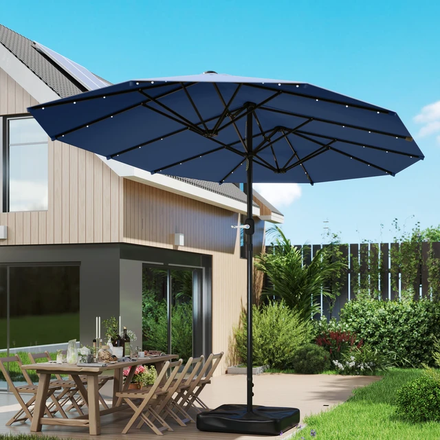 Alt view image 3 of 7 - 14.4 ft Large Patio Umbrella with Solar LED Lights, Double Sided Outdoor Umbrella with Base Included, Navy Blue, Paper