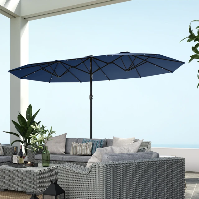 Alt view image 2 of 7 - 14.4 ft Large Patio Umbrella with Solar LED Lights, Double Sided Outdoor Umbrella with Base Included, Navy Blue, Paper