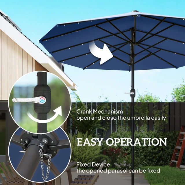 Alt view image 4 of 7 - 14.4 ft Large Patio Umbrella with Solar LED Lights, Double Sided Outdoor Umbrella with Base Included, Navy Blue, Paper