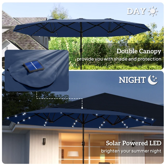 Alt view image 6 of 7 - 14.4 ft Large Patio Umbrella with Solar LED Lights, Double Sided Outdoor Umbrella with Base Included, Navy Blue, Paper