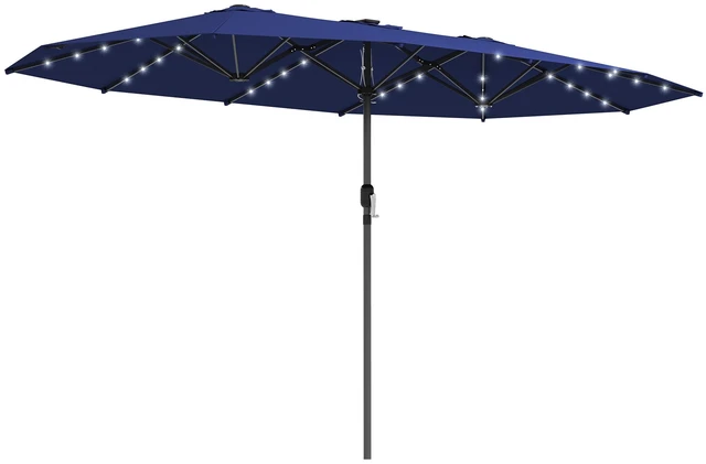 Main image of 14.8 ft Double Umbrella, Large Outdoor Patio Sun Shade with LED Solar for Garden, Navy Blue, Wood, Rattan and Plastic