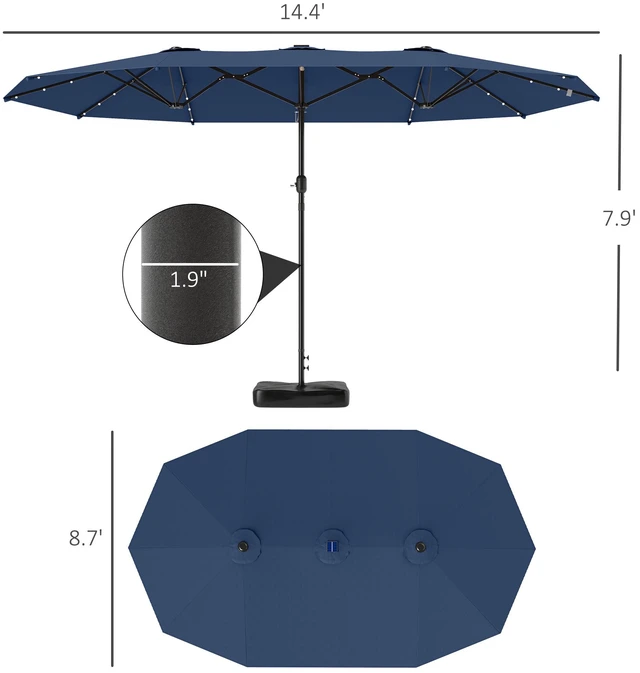Alt view image 7 of 7 - 14.4 ft Large Patio Umbrella with Solar LED Lights, Double Sided Outdoor Umbrella with Base Included, Navy Blue, Paper