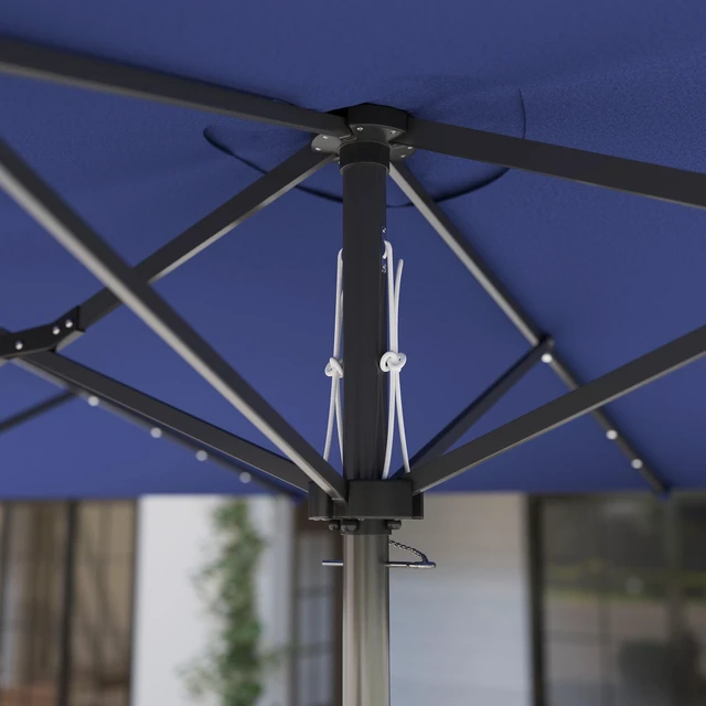 Alt view image 3 of 7 - 14.8 ft Double Umbrella, Large Outdoor Patio Sun Shade with LED Solar for Garden, Navy Blue, Wood, Rattan and Plastic
