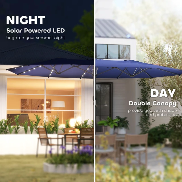 Alt view image 6 of 7 - 14.8 ft Double Umbrella, Large Outdoor Patio Sun Shade with LED Solar for Garden, Navy Blue, Wood, Rattan and Plastic