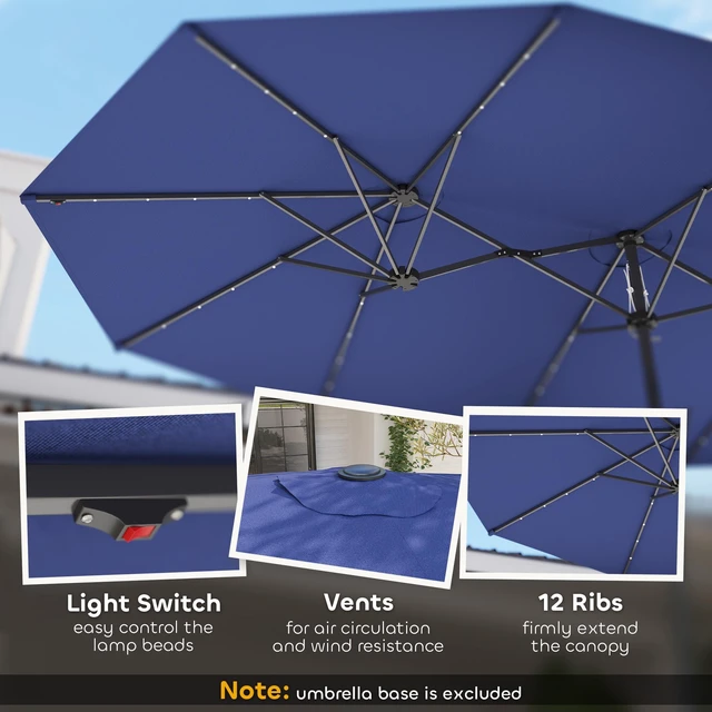 Alt view image 5 of 7 - 14.8 ft Double Umbrella, Large Outdoor Patio Sun Shade with LED Solar for Garden, Navy Blue, Wood, Rattan and Plastic