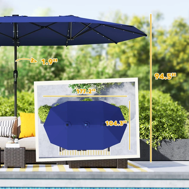 Alt view image 7 of 7 - 14.8 ft Double Umbrella, Large Outdoor Patio Sun Shade with LED Solar for Garden, Navy Blue, Wood, Rattan and Plastic