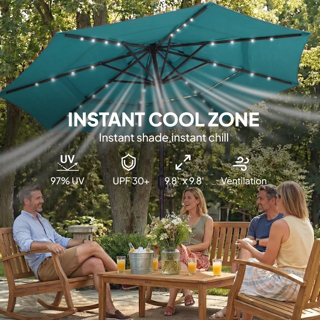 Alt view image 4 of 7 - 9.7 ft Outdoor Patio Umbrella with Solar LED Lights, 3 Tier Outdoor Table Market Umbrella with Tilt and Crank Ribs