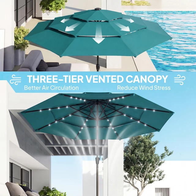 Alt view image 5 of 7 - 9.7 ft Outdoor Patio Umbrella with Solar LED Lights, 3 Tier Outdoor Table Market Umbrella with Tilt and Crank Ribs