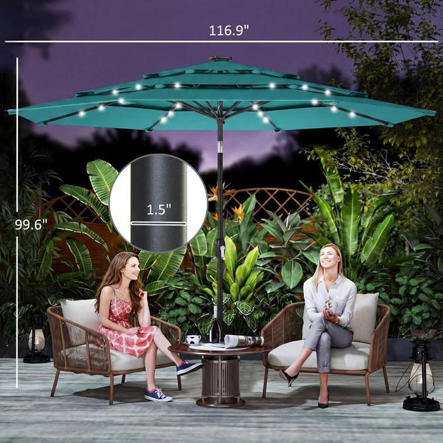 Alt view image 7 of 7 - 9.7 ft Outdoor Patio Umbrella with Solar LED Lights, 3 Tier Outdoor Table Market Umbrella with Tilt and Crank Ribs
