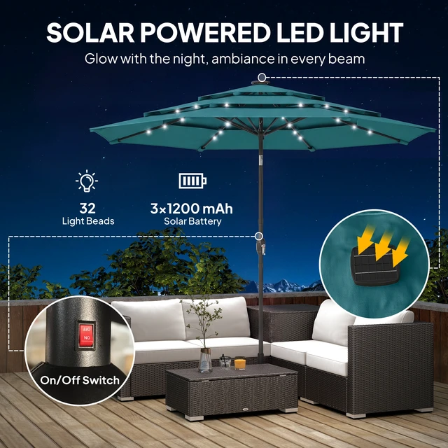 Alt view image 6 of 7 - 9.7 ft Outdoor Patio Umbrella with Solar LED Lights, 3 Tier Outdoor Table Market Umbrella with Tilt and Crank Ribs