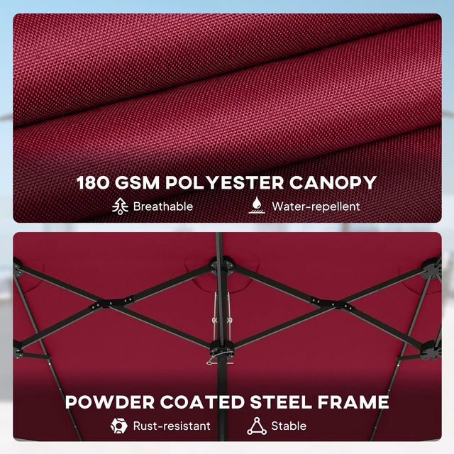Alt view image 2 of 7 - 14.8 ft Double Umbrella, Large Outdoor Patio Sun Shade with LED Solar for Garden Wine, Wine Red, Polyester