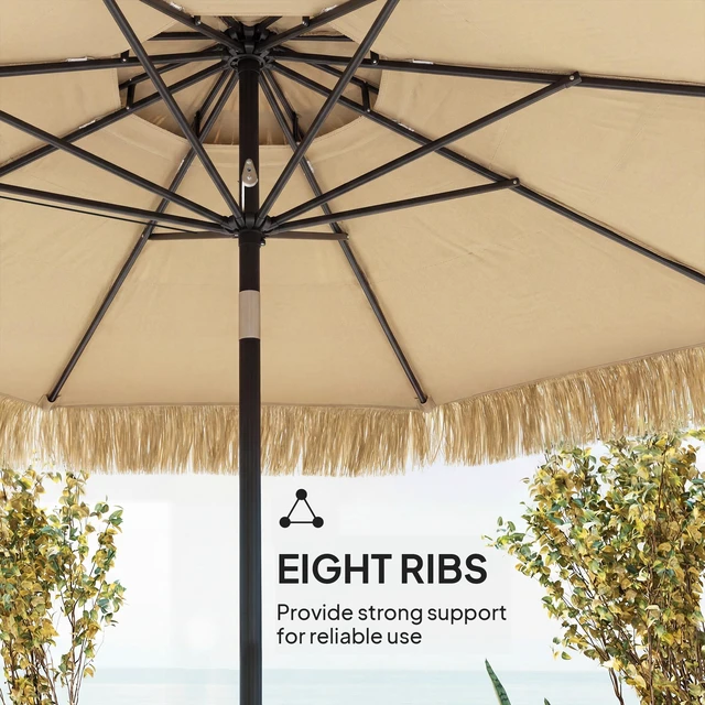 Alt view image 3 of 7 - Hula Thatched Tiki Patio Umbrella, 2 Tier Tropical Hawaiian Outdoor Umbrella with Ribs for Garden Deck Pool, Khaki