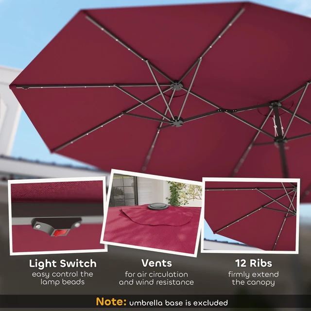 Alt view image 7 of 7 - 14.8 ft Double Umbrella, Large Outdoor Patio Sun Shade with LED Solar for Garden Wine, Wine Red, Polyester