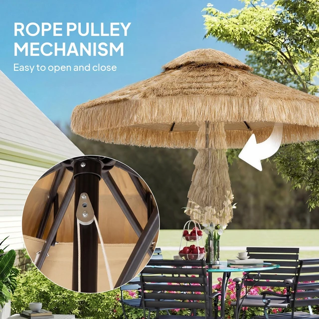 Alt view image 2 of 7 - Hula Thatched Tiki Patio Umbrella, 2 Tier Tropical Hawaiian Outdoor Umbrella with Ribs for Garden Deck Pool, Khaki
