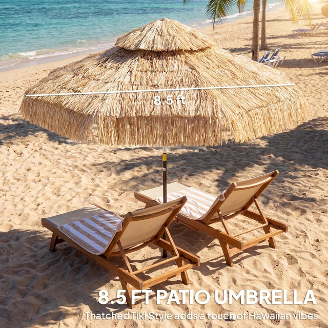 Alt view image 6 of 7 - Hula Thatched Tiki Patio Umbrella, 2 Tier Tropical Hawaiian Outdoor Umbrella with Ribs for Garden Deck Pool, Khaki