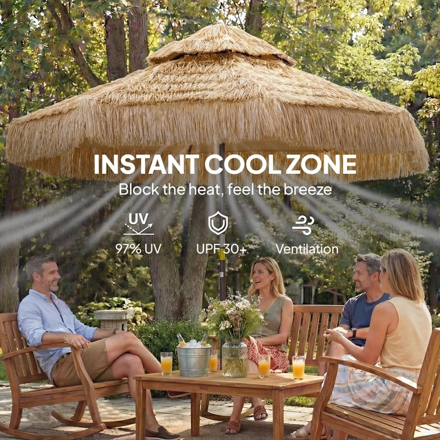 Alt view image 5 of 7 - Hula Thatched Tiki Patio Umbrella, 2 Tier Tropical Hawaiian Outdoor Umbrella with Ribs for Garden Deck Pool, Khaki