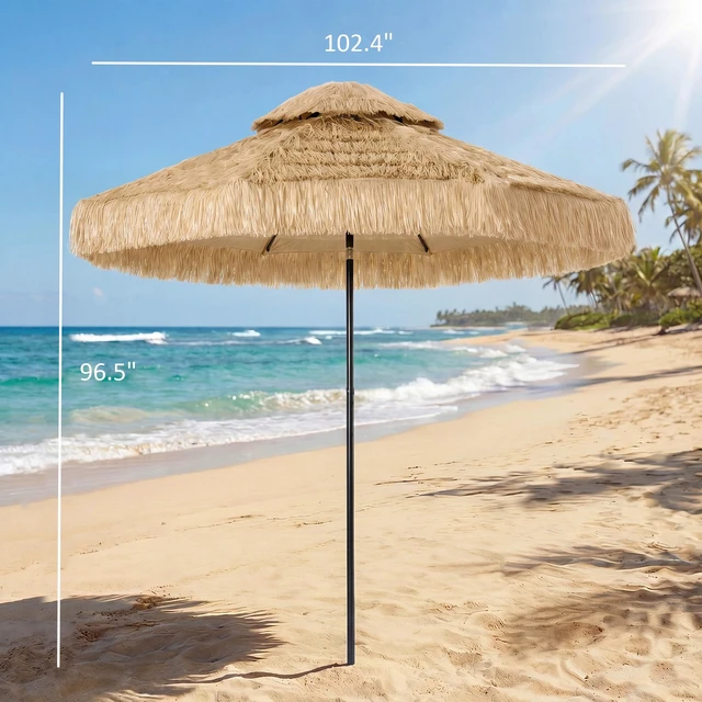 Alt view image 7 of 7 - Hula Thatched Tiki Patio Umbrella, 2 Tier Tropical Hawaiian Outdoor Umbrella with Ribs for Garden Deck Pool, Khaki