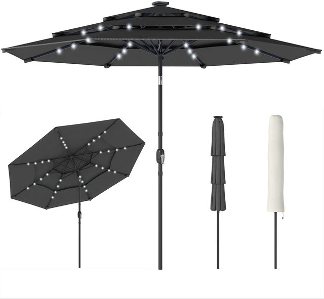 Main image of 9.7 ft Outdoor Patio Umbrella with Solar LED Lights, 3 Tier Outdoor Table Market Umbrella with Tilt and Crank Ribs