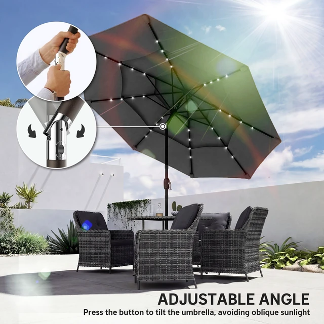 Alt view image 2 of 7 - 9.7 ft Outdoor Patio Umbrella with Solar LED Lights, 3 Tier Outdoor Table Market Umbrella with Tilt and Crank Ribs