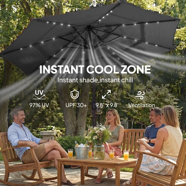 Alt view image 4 of 7 - 9.7 ft Outdoor Patio Umbrella with Solar LED Lights, 3 Tier Outdoor Table Market Umbrella with Tilt and Crank Ribs