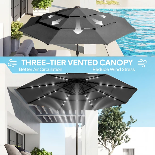 Alt view image 5 of 7 - 9.7 ft Outdoor Patio Umbrella with Solar LED Lights, 3 Tier Outdoor Table Market Umbrella with Tilt and Crank Ribs