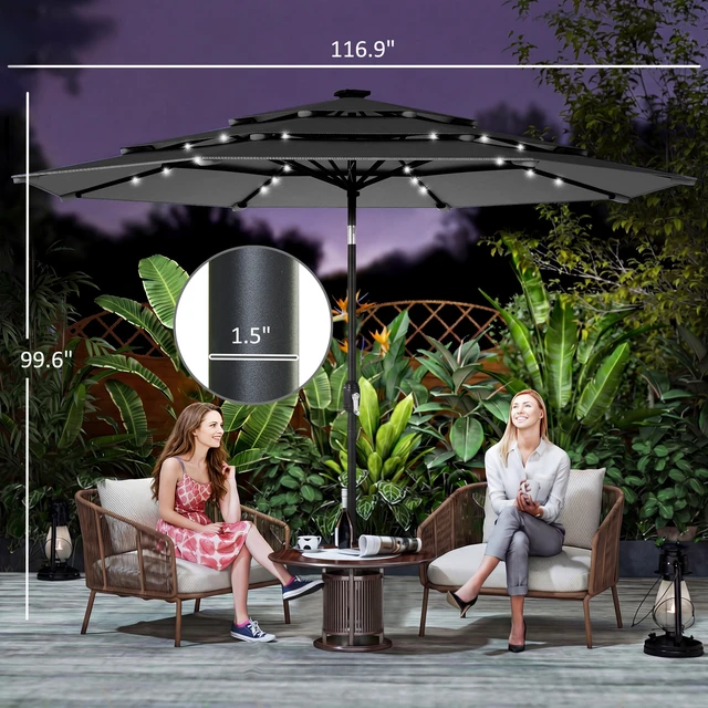 Alt view image 7 of 7 - 9.7 ft Outdoor Patio Umbrella with Solar LED Lights, 3 Tier Outdoor Table Market Umbrella with Tilt and Crank Ribs