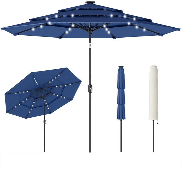Main image of 9.7 ft Outdoor Patio Umbrella with Solar LED Lights, 3 Tier Outdoor Table Market Umbrella with Tilt and Crank Ribs