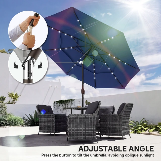 Alt view image 2 of 7 - 9.7 ft Outdoor Patio Umbrella with Solar LED Lights, 3 Tier Outdoor Table Market Umbrella with Tilt and Crank Ribs