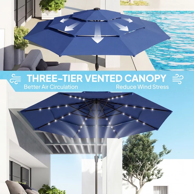 Alt view image 5 of 7 - 9.7 ft Outdoor Patio Umbrella with Solar LED Lights, 3 Tier Outdoor Table Market Umbrella with Tilt and Crank Ribs