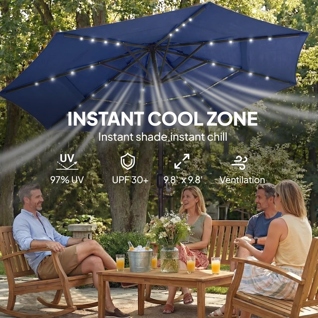 Alt view image 4 of 7 - 9.7 ft Outdoor Patio Umbrella with Solar LED Lights, 3 Tier Outdoor Table Market Umbrella with Tilt and Crank Ribs