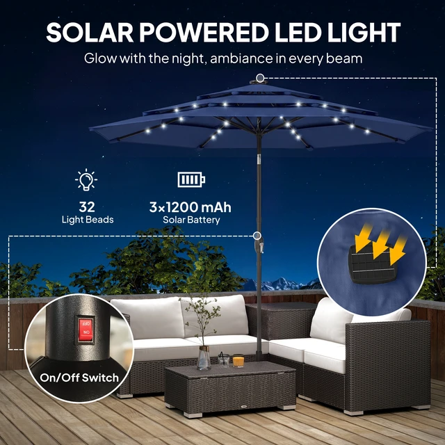 Alt view image 6 of 7 - 9.7 ft Outdoor Patio Umbrella with Solar LED Lights, 3 Tier Outdoor Table Market Umbrella with Tilt and Crank Ribs