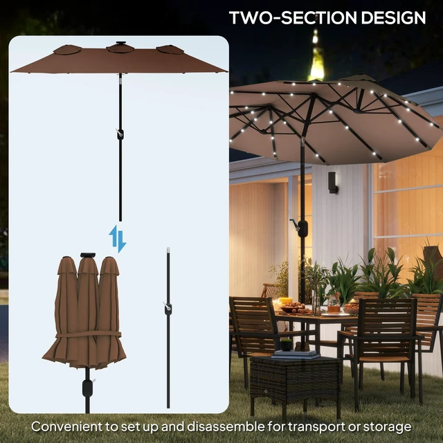 Alt view image 3 of 7 - Double Sided Patio Umbrella, Large Outdoor Market Umbrella with LED Solar Tilt and Crank Air Vents and Ribs for Garden