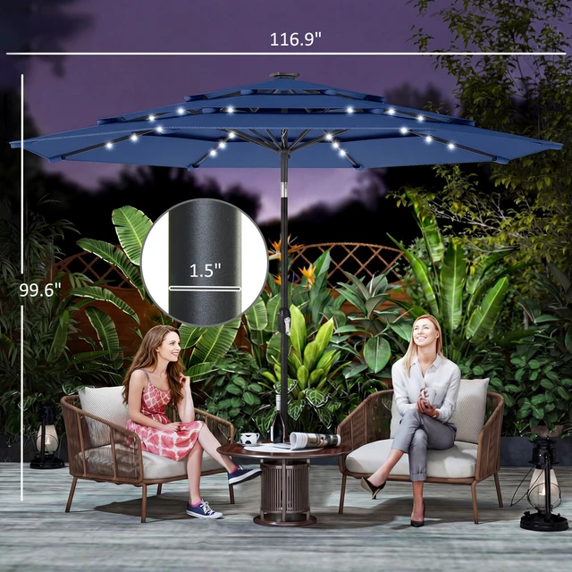 Alt view image 7 of 7 - 9.7 ft Outdoor Patio Umbrella with Solar LED Lights, 3 Tier Outdoor Table Market Umbrella with Tilt and Crank Ribs
