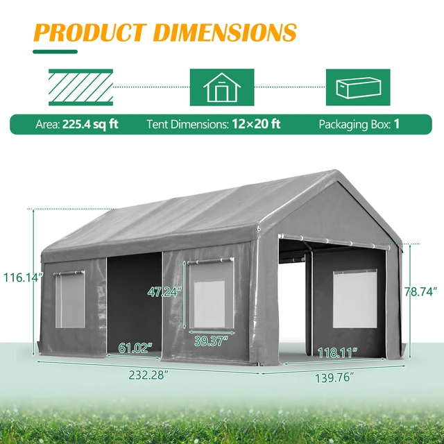 Alt view image 2 of 7 - 12 Heavy Duty Carport Canopy, Outdoor with Roll Doors and Mesh Windows Galvanized Steel Frame Waterproof Protection