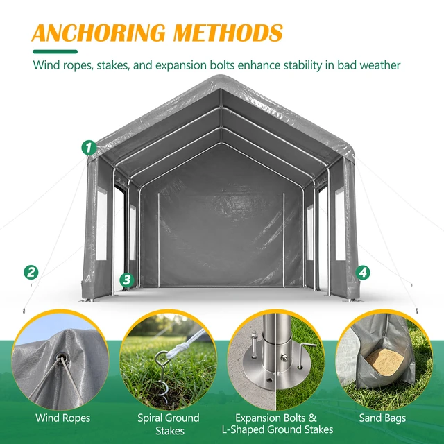 Alt view image 3 of 7 - 12 Heavy Duty Carport Canopy, Outdoor with Roll Doors and Mesh Windows Galvanized Steel Frame Waterproof Protection