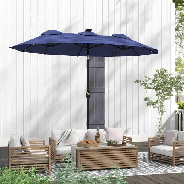 Alt view image 2 of 7 - Double Sided Patio Umbrella, Large Outdoor Market Umbrella with LED Solar Tilt and Crank Air Vents and Ribs for Garden