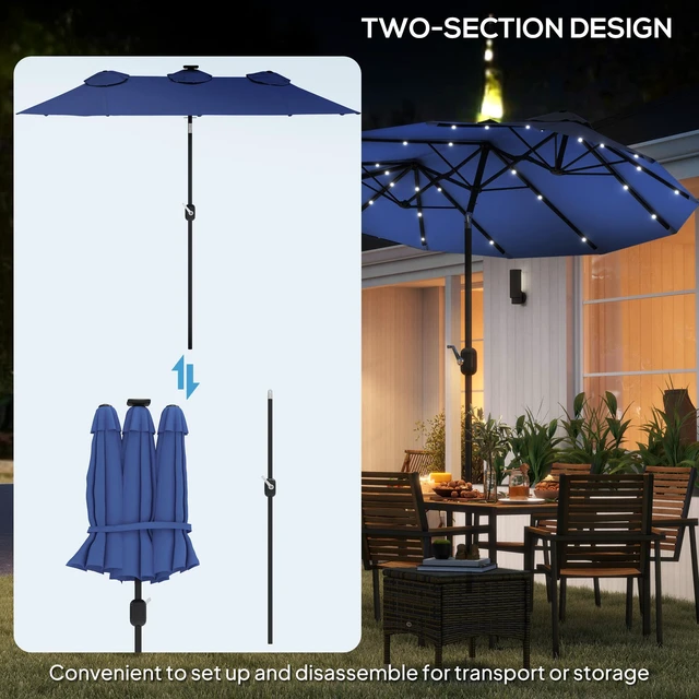 Alt view image 3 of 7 - Double Sided Patio Umbrella, Large Outdoor Market Umbrella with LED Solar Tilt and Crank Air Vents and Ribs for Garden