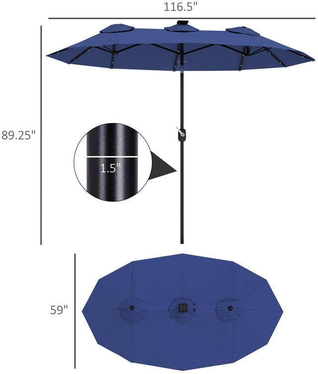 Alt view image 7 of 7 - Double Sided Patio Umbrella, Large Outdoor Market Umbrella with LED Solar Tilt and Crank Air Vents and Ribs for Garden