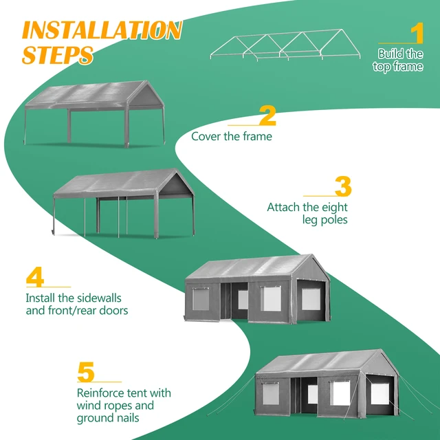 Alt view image 5 of 7 - 12 Heavy Duty Carport Canopy, Outdoor with Roll Doors and Mesh Windows Galvanized Steel Frame Waterproof Protection