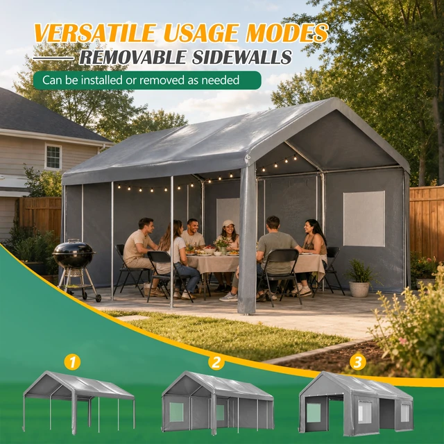 Alt view image 4 of 7 - 12 Heavy Duty Carport Canopy, Outdoor with Roll Doors and Mesh Windows Galvanized Steel Frame Waterproof Protection