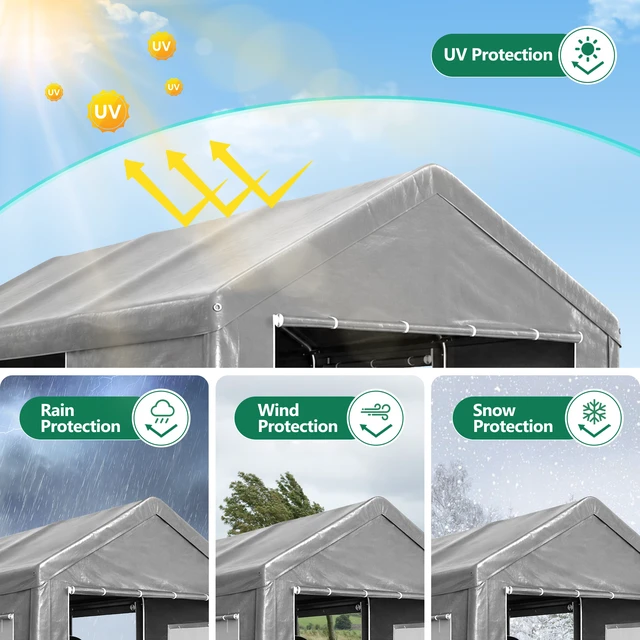 Alt view image 7 of 7 - 12 Heavy Duty Carport Canopy, Outdoor with Roll Doors and Mesh Windows Galvanized Steel Frame Waterproof Protection