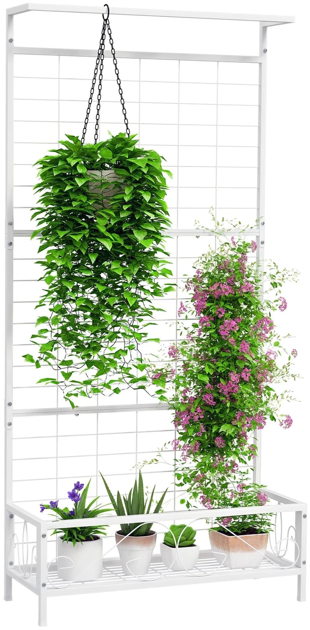 Main image of Tall Metal Plant Stand with Trellis and Hanging Bar, Plant Holder for Indoor Outdoor Use Inchx, White, Steel