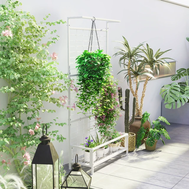 Alt view image 4 of 7 - Tall Metal Plant Stand with Trellis and Hanging Bar, Plant Holder for Indoor Outdoor Use Inchx, White, Steel