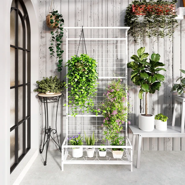 Alt view image 5 of 7 - Tall Metal Plant Stand with Trellis and Hanging Bar, Plant Holder for Indoor Outdoor Use Inchx, White, Steel