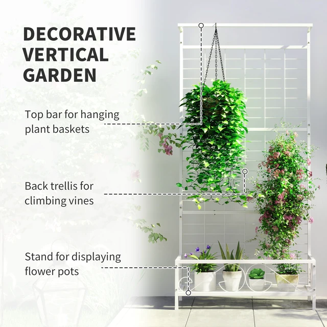 Alt view image 7 of 7 - Tall Metal Plant Stand with Trellis and Hanging Bar, Plant Holder for Indoor Outdoor Use Inchx, White, Steel