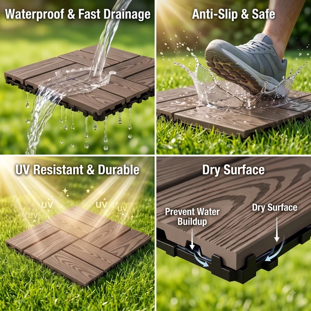 Alt view image 6 of 7 - WPC Interlocking Deck Tiles Pack, Inchx 11.8 Inch Waterproof Patio Flooring All Weather Composite Decking Tiles