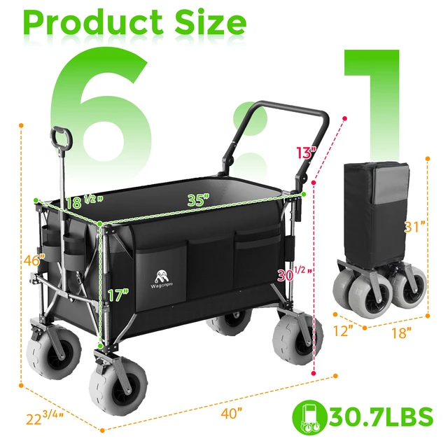 Alt view image 2 of 7 - Functional Push Pull Folding Wagon Cart with Rotating Handle and 9 Beach Tires for Camping and Beach Heavy Duty