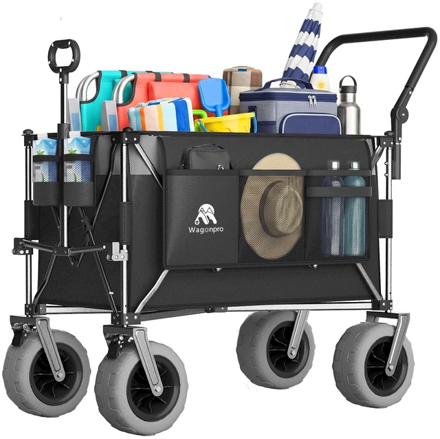 Main image of Functional Push Pull Folding Wagon Cart with Rotating Handle and 9 Beach Tires for Camping and Beach Heavy Duty