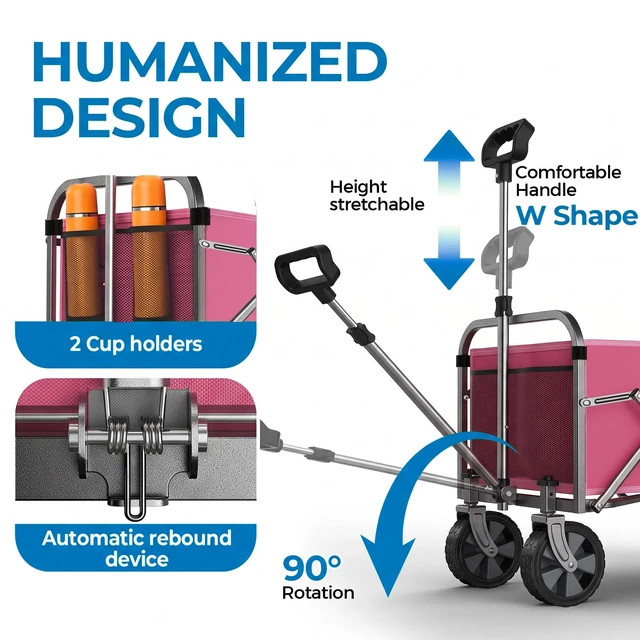 Alt view image 3 of 7 - Foldable Wagon Cart with Wheels, Heavy Duty Collapsible Wagon Lightweight Utility Cart with Adjustable Handle All